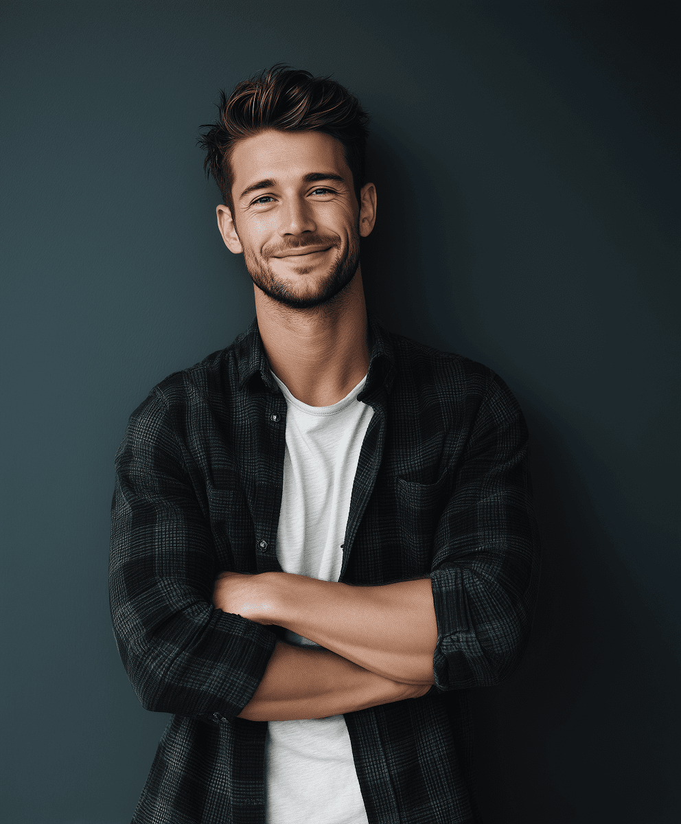 A smiling young man with crossed arms, wearing a plaid shirt and white t-shirt, poses against a dark background.