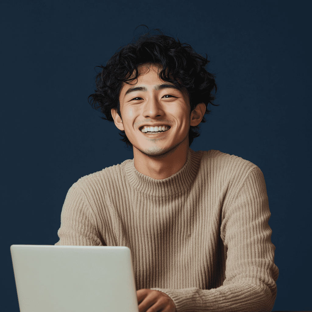 A young person with curly hair smiles at the camera while sitting in front of a laptop against a dark background.