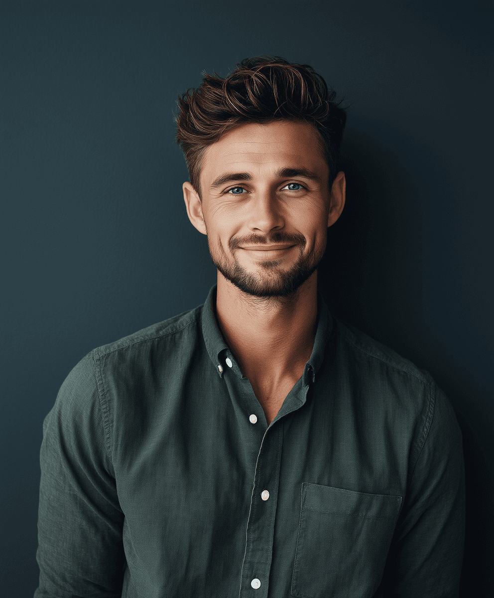 Smiling young man with short hair poses against a dark background, wearing a green button-up shirt.