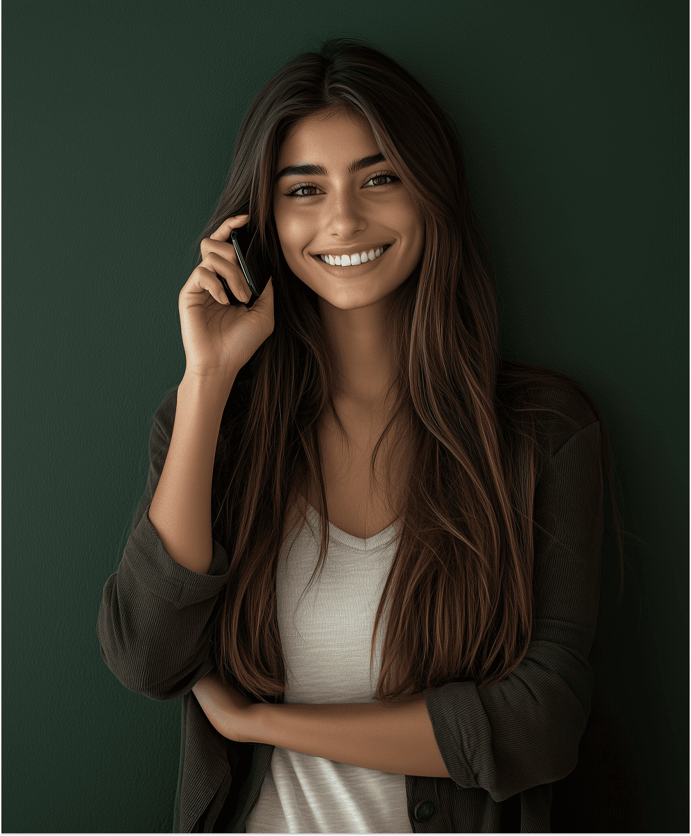 Smiling young woman with long hair standing against a dark green background, holding a finger to her chin.