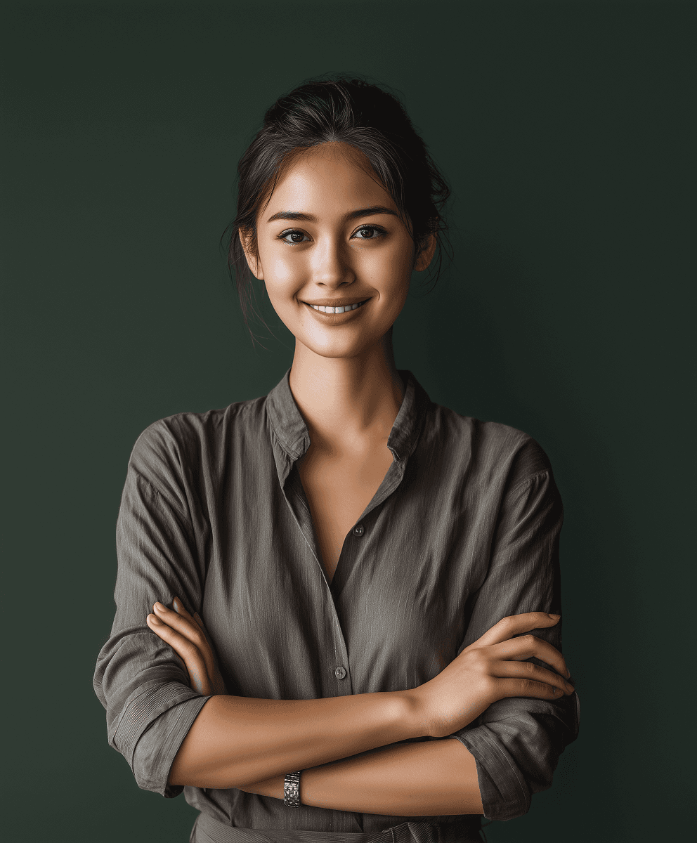 A smiling woman with her arms crossed, standing against a dark green background. She has long, dark hair.